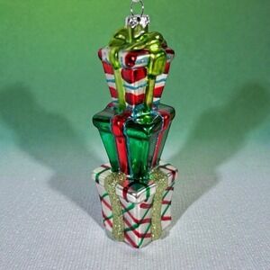 Martha Stewart Glass Christmas Ornament Stacked Wrapped Presents 6" Tall